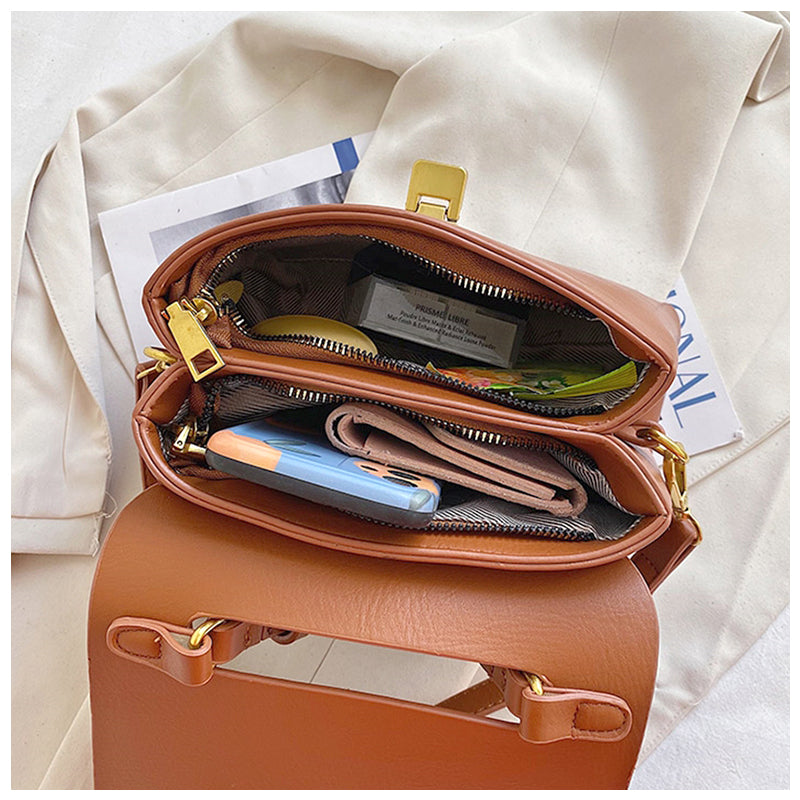 Structured Leather Top Handle Bag with Gold Push-Lock Clasp