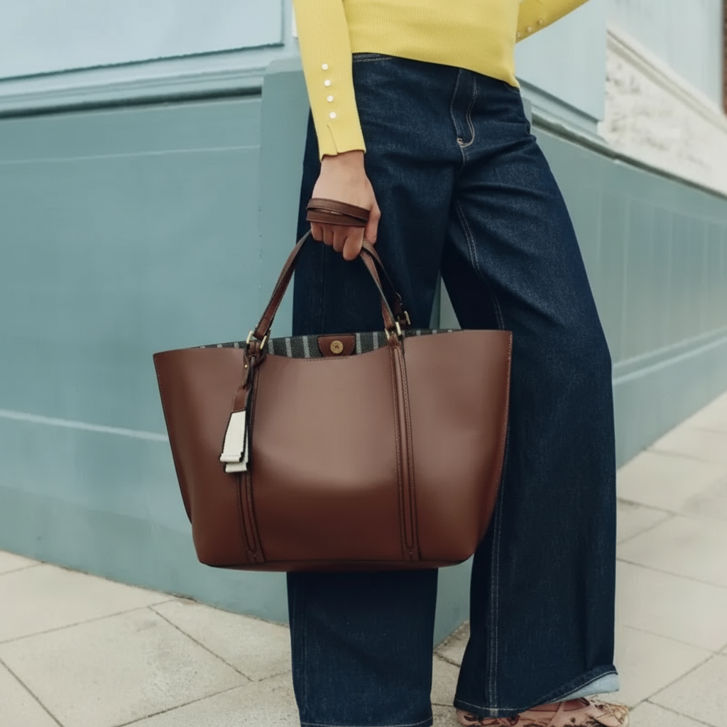 Structured Leather Tote Bag with Side Zip Pockets
