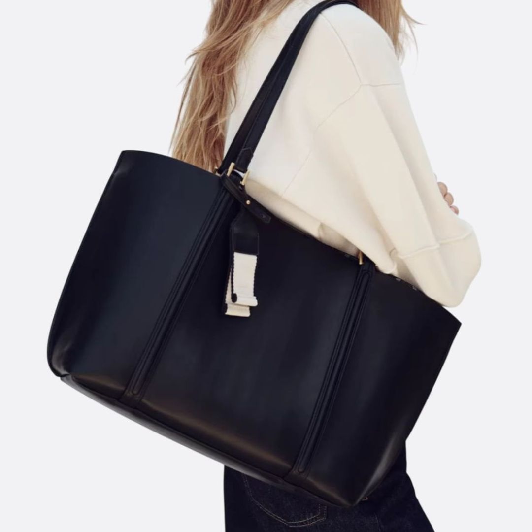 Structured Leather Tote Bag with Side Zip Pockets