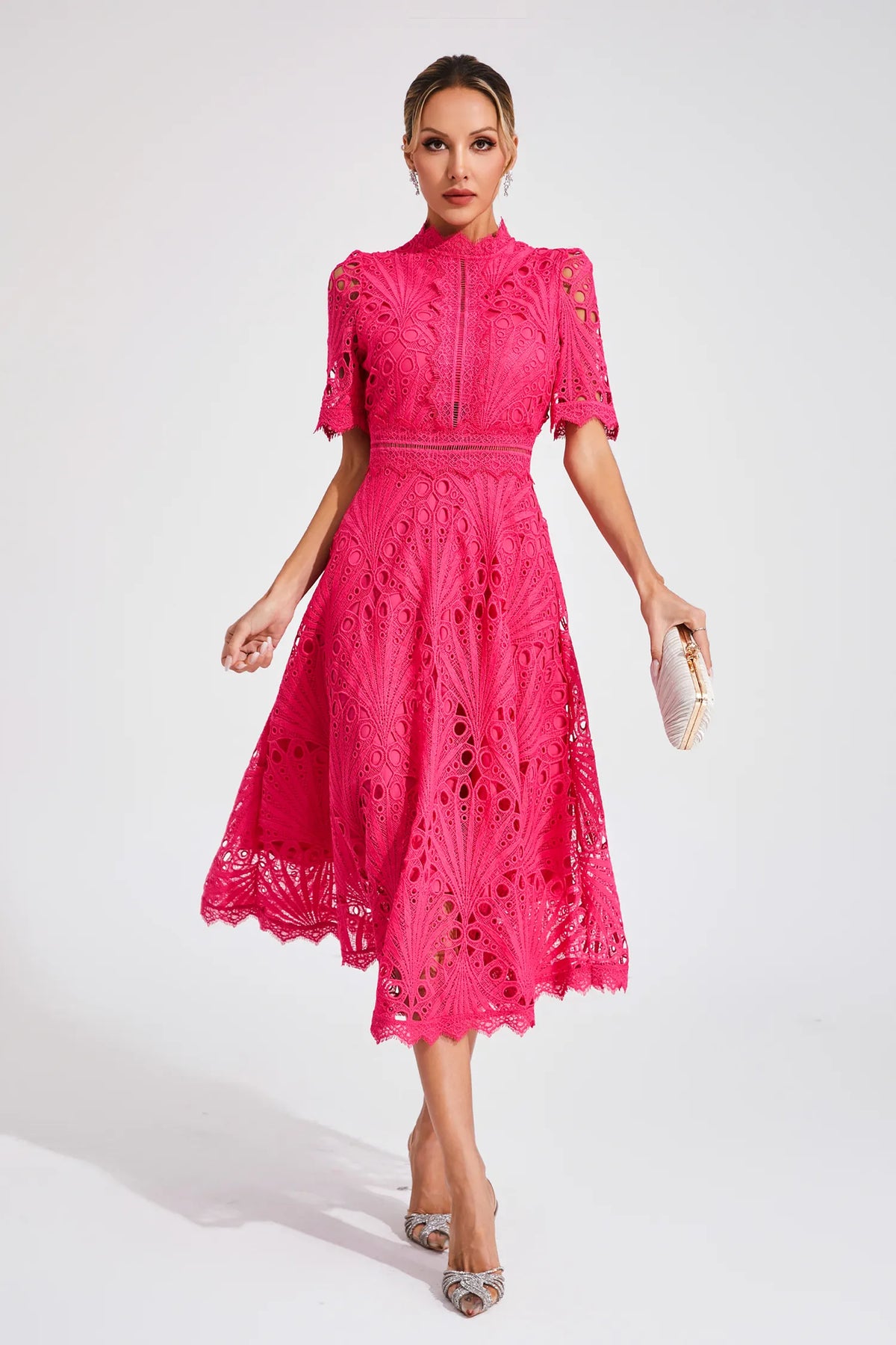 Stylish Lace Dress with High Neck and A-Line Skirt