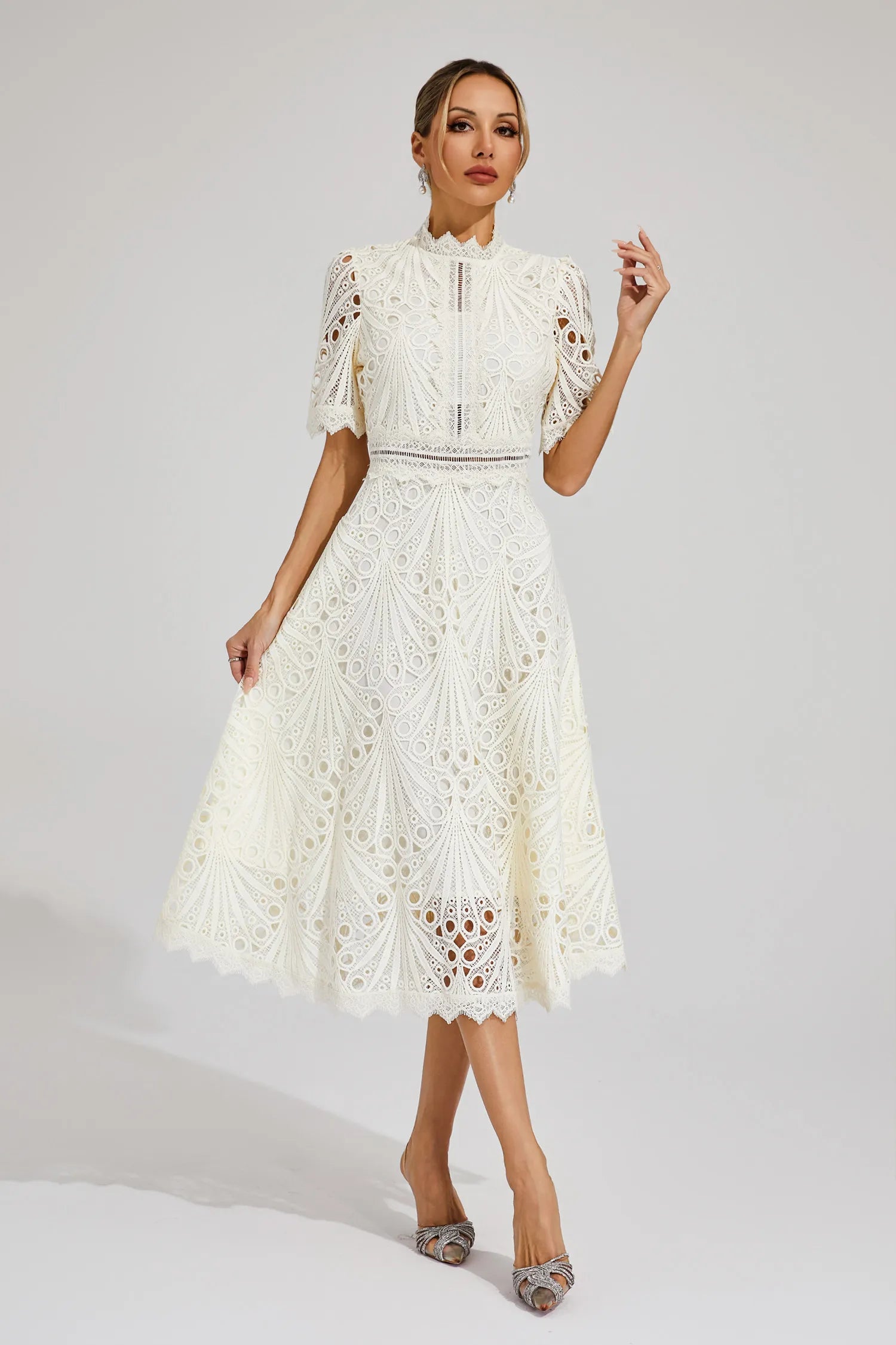 Stylish Lace Dress with High Neck and A-Line Skirt