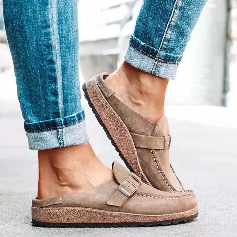 Suede Clog Mules with Buckle Strap and Cork Sole