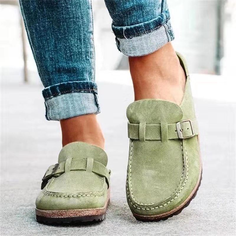Suede Clog Mules with Buckle Strap and Cork Sole