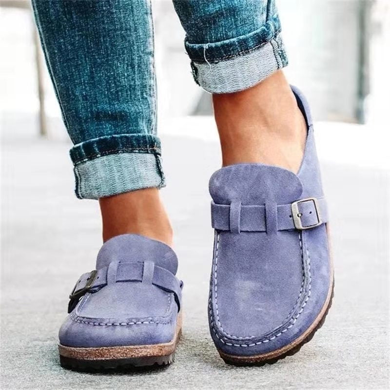 Suede Clog Mules with Buckle Strap and Cork Sole