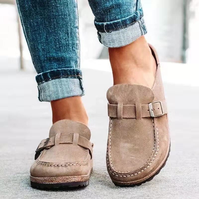 Suede Clog Mules with Buckle Strap and Cork Sole