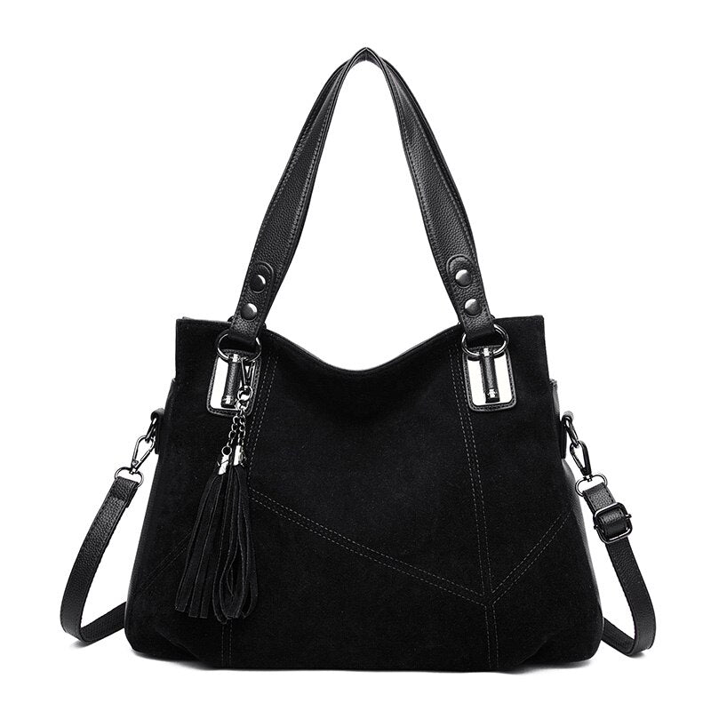 Suede Shoulder Bag with Panel Stitching and Tassel Detail