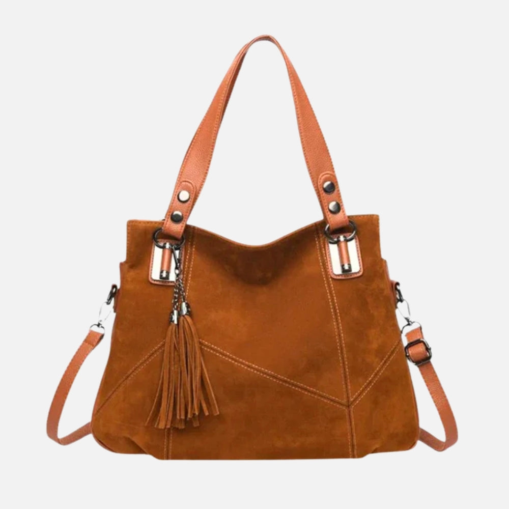 Suede Shoulder Bag with Panel Stitching and Tassel Detail