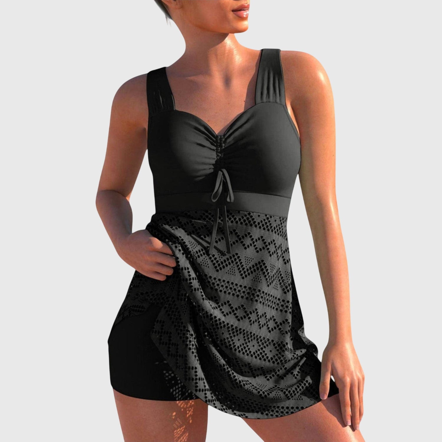 Swim Dress with Ruched Bodice and Crochet Skirt Overlay