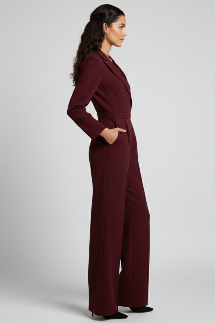Tailored Wide Leg Jumpsuit with Blazer Collar and Long Sleeves