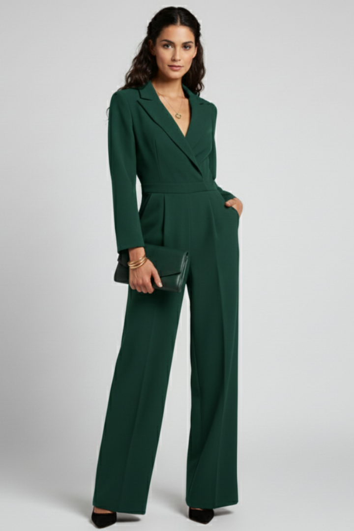 Tailored Wide Leg Jumpsuit with Blazer Collar and Long Sleeves
