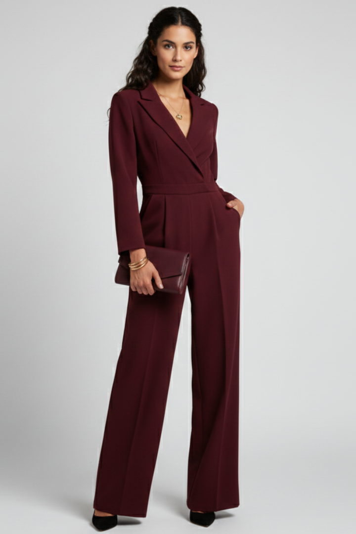 Tailored Wide Leg Jumpsuit with Blazer Collar and Long Sleeves