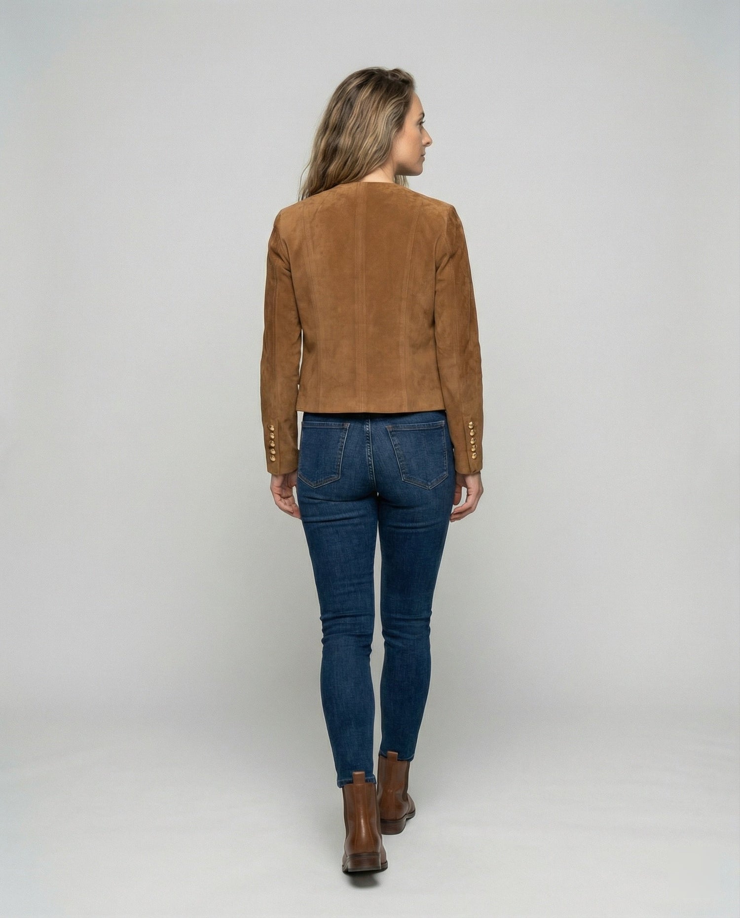 Tan Suede Jacket with Gold Buttons and Collarless Neckline