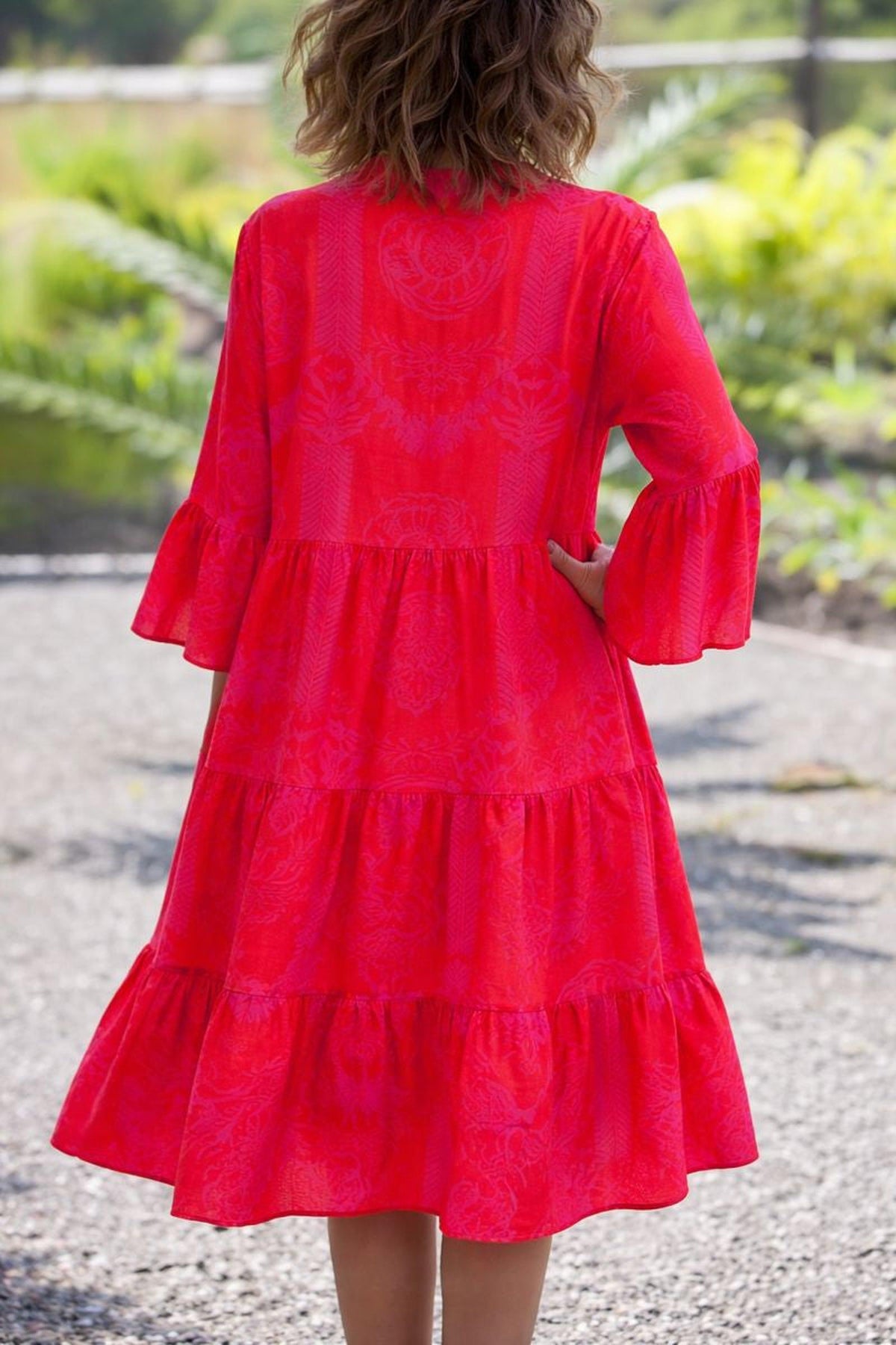 Tiered Midi Dress with Tropical Print and Bell Sleeves