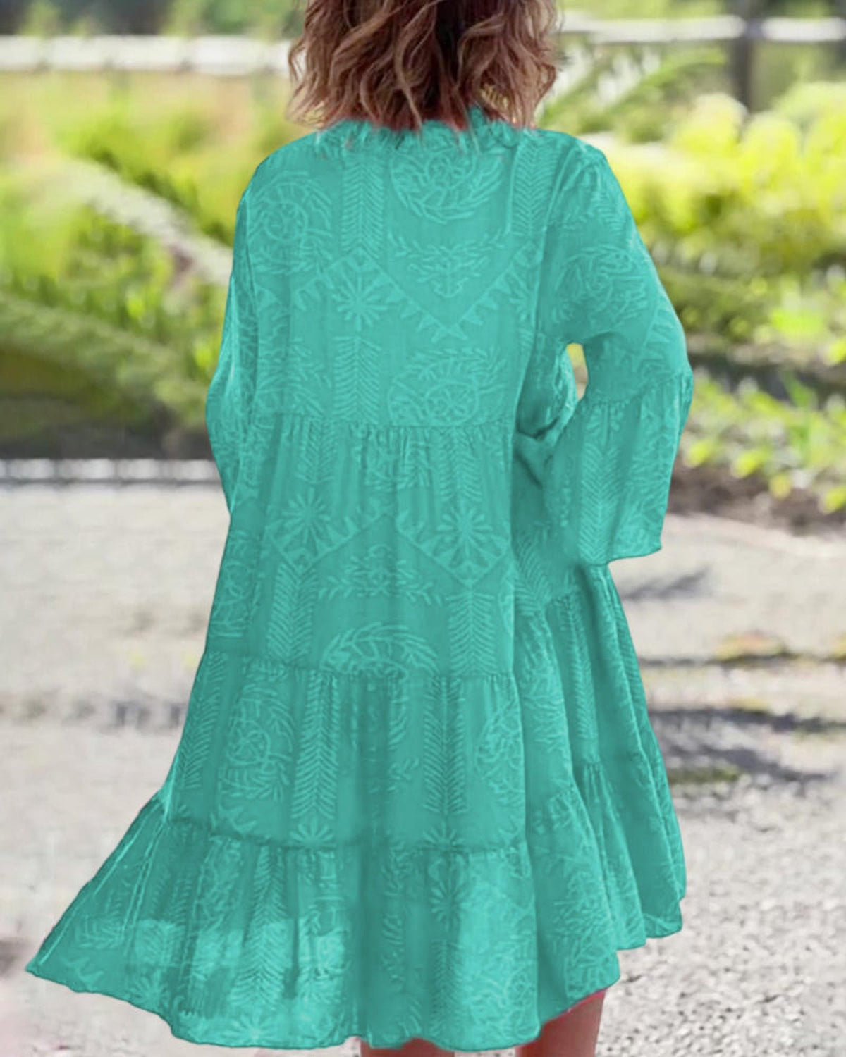 Tiered Midi Dress with Tropical Print and Bell Sleeves