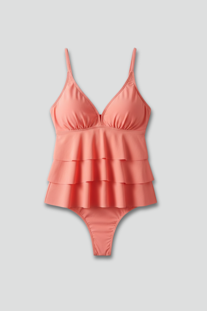 Tiered Ruffle Tankini Set with V-Neckline and Adjustable Straps