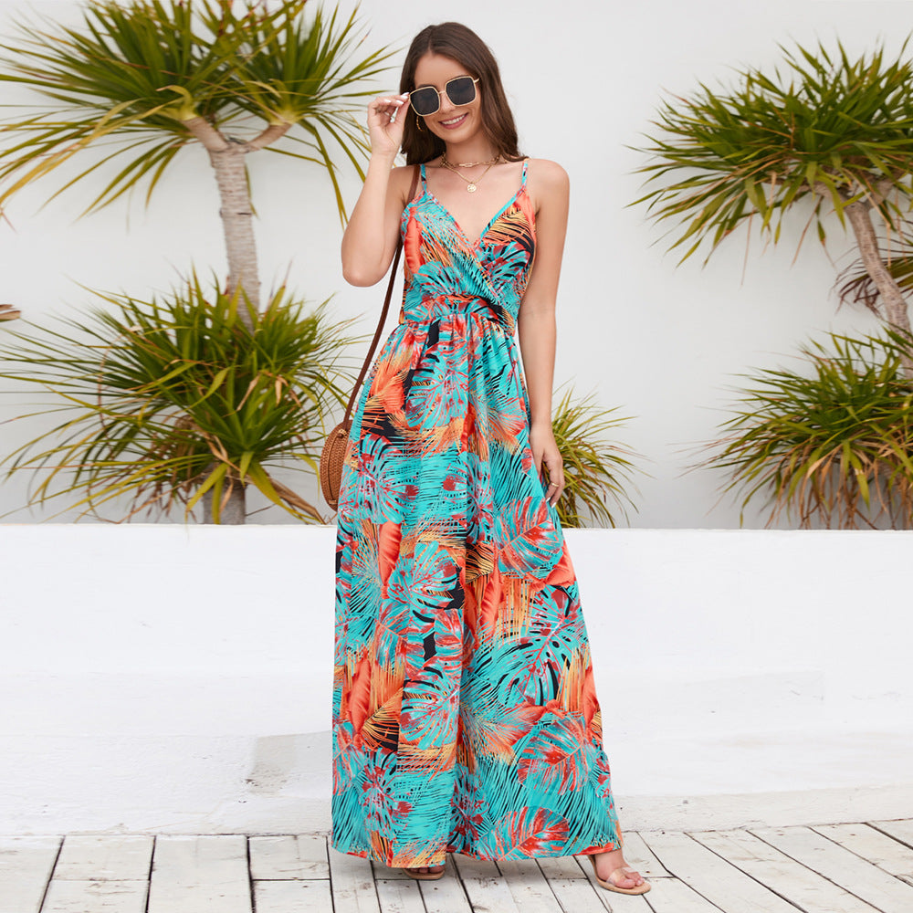 Tropical Print Maxi Dress with V-Neckline and Spaghetti Straps