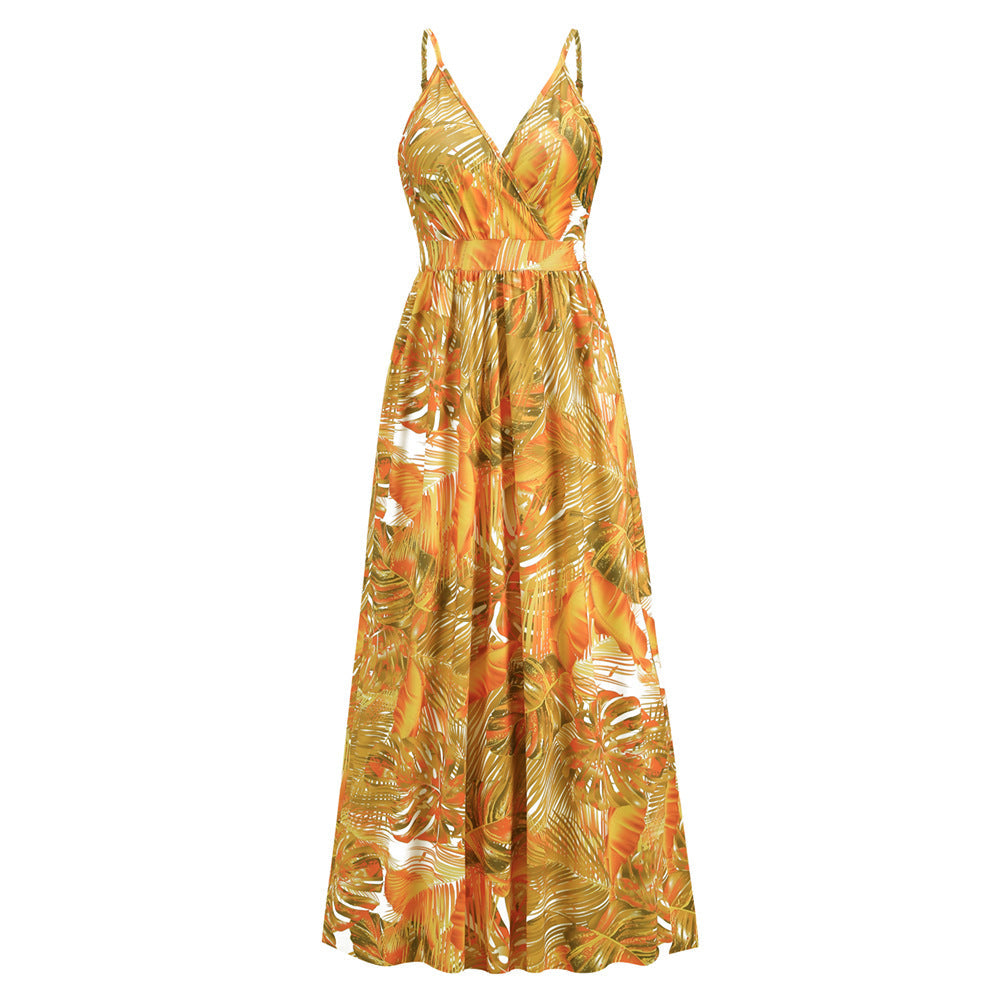 Tropical Print Maxi Dress with V-Neckline and Spaghetti Straps