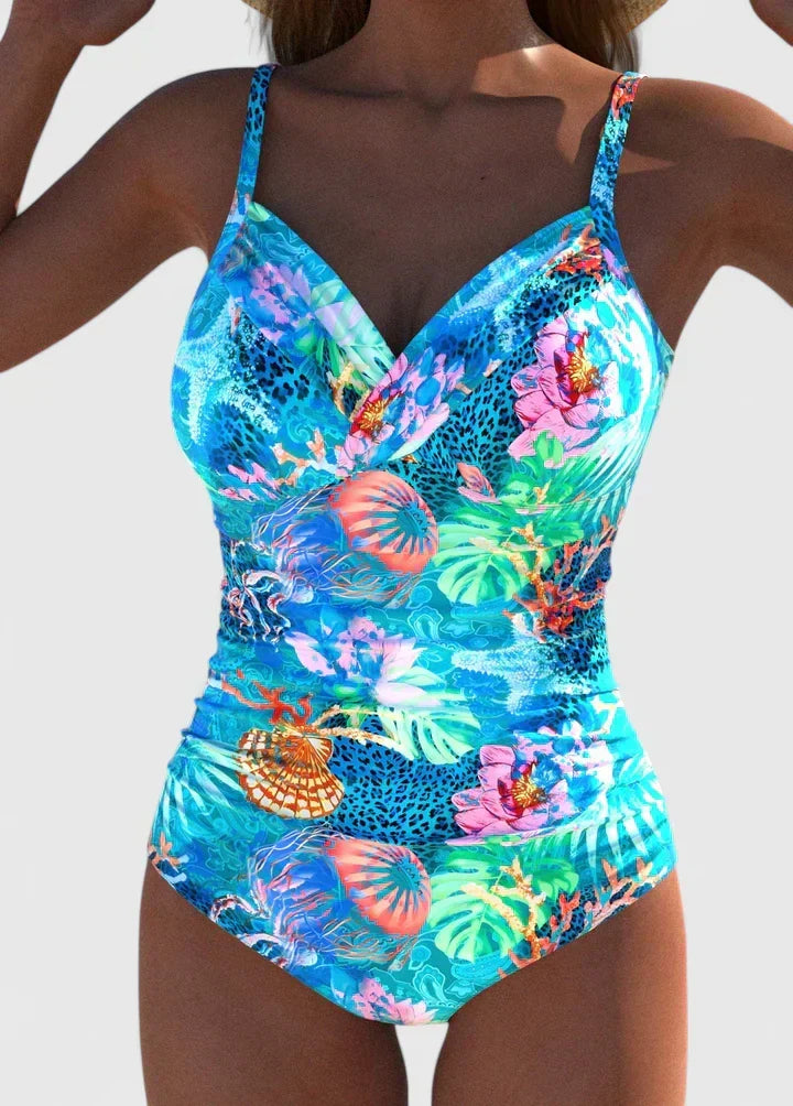 Tropical Print One Piece Swimsuit with Ruched Waist and Open Back