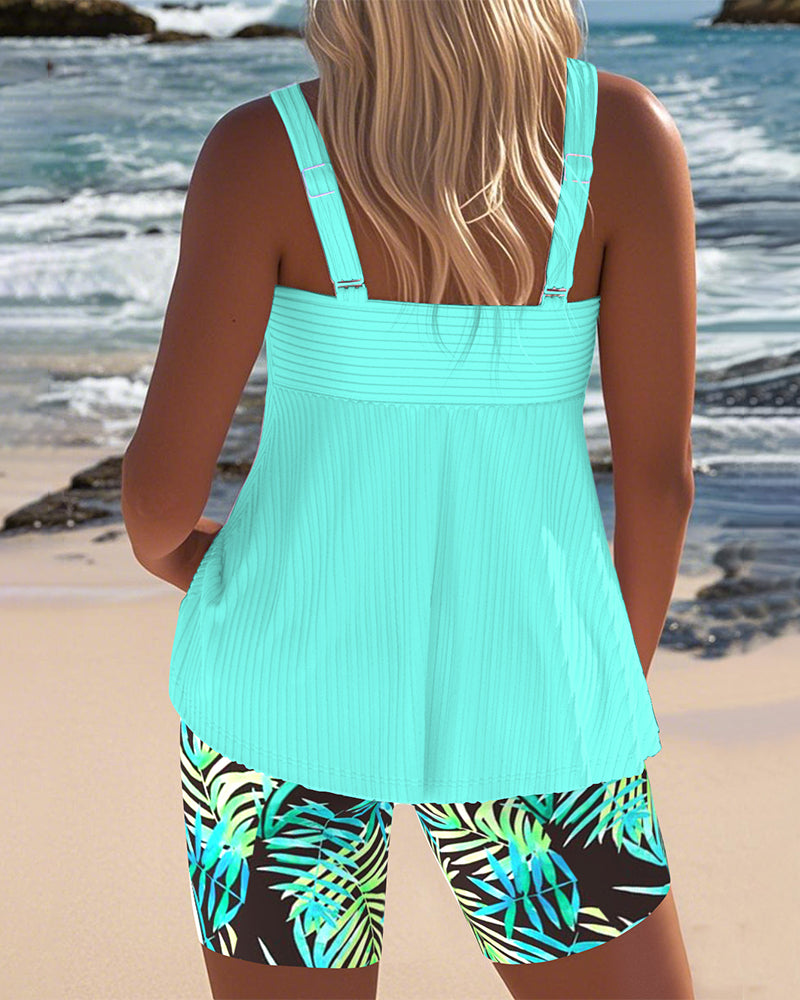 Tropical Print Tankini Set with Twist Front and Bike Shorts