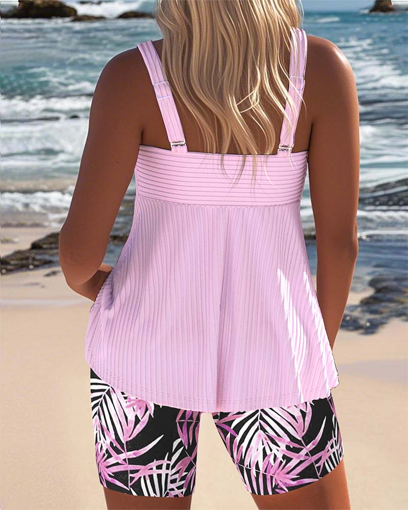 Tropical Print Tankini Set with Twist Front and Bike Shorts