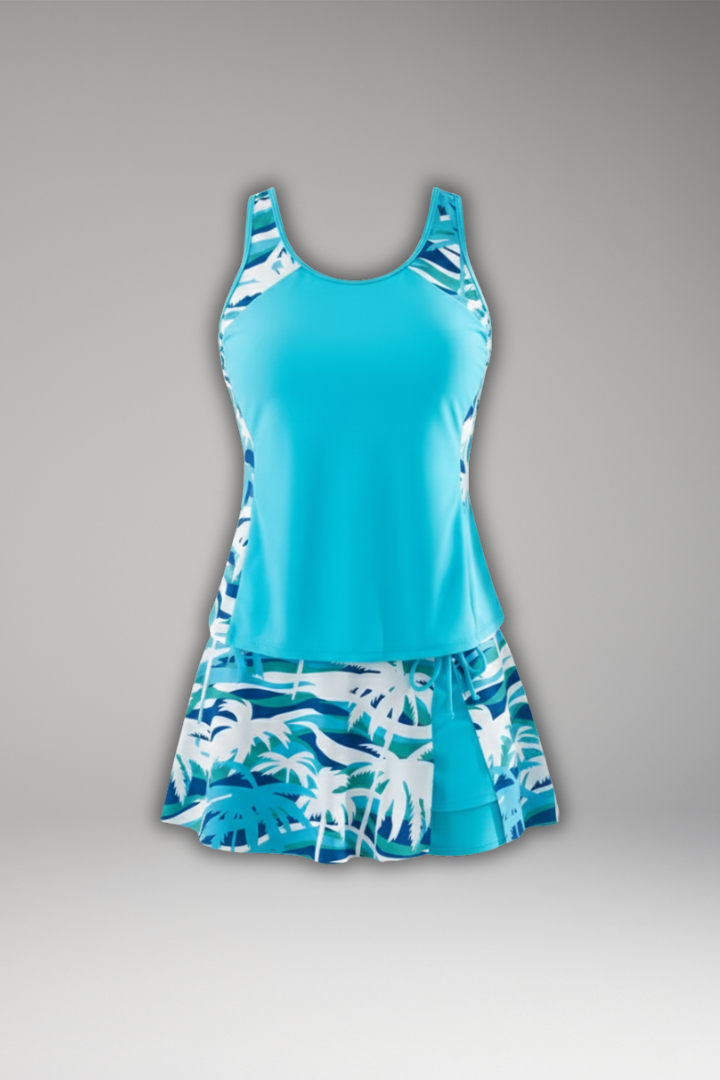 Tropical Print Two Piece Tankini Set with Skirt Bottom