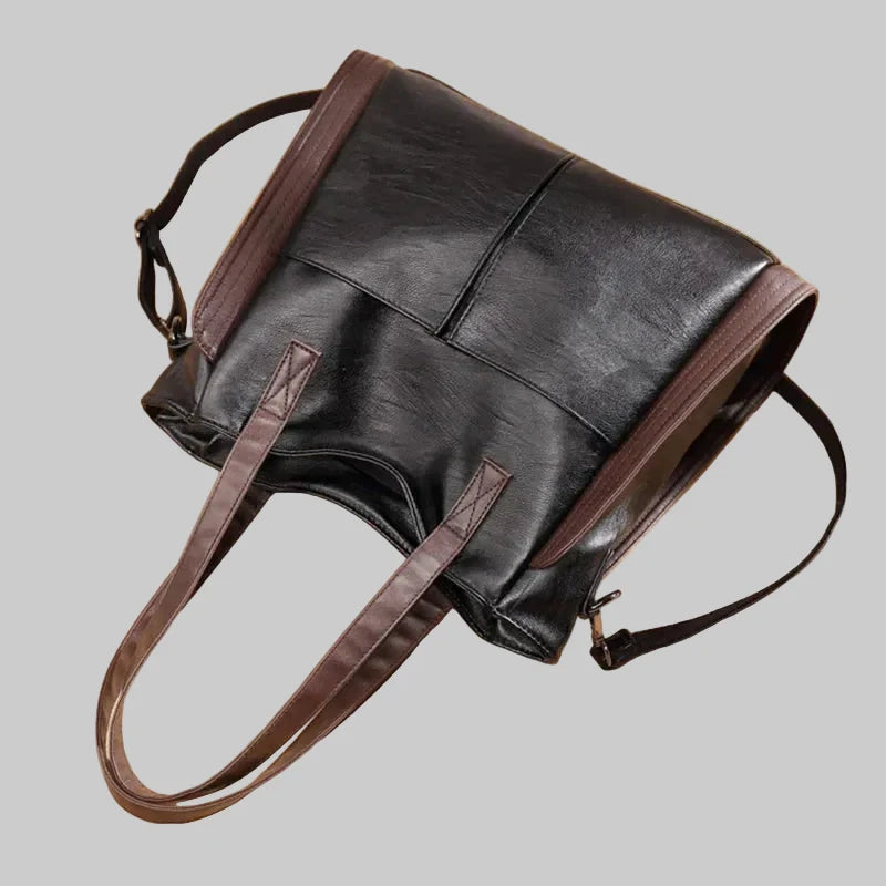 Two-Tone Leather Tote Bag with Crossbody Strap