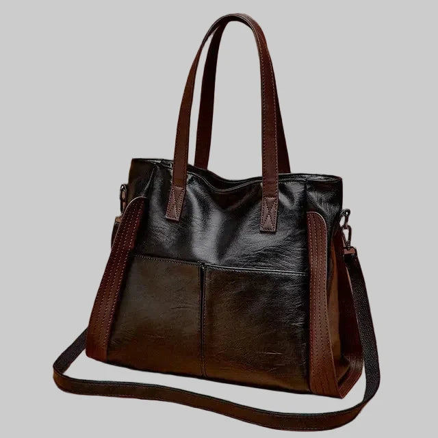 Two-Tone Leather Tote Bag with Crossbody Strap