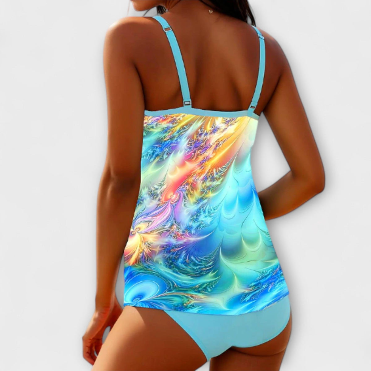 Vibrant Print Tankini Set with Cut-Out Waist and Adjustable Straps