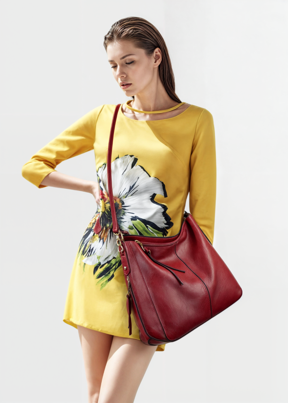 Vintage Leather Hobo Shoulder Bag with Crossbody Strap