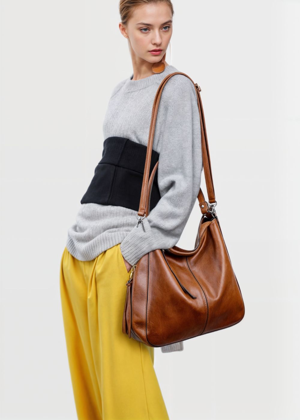 Vintage Leather Hobo Shoulder Bag with Crossbody Strap