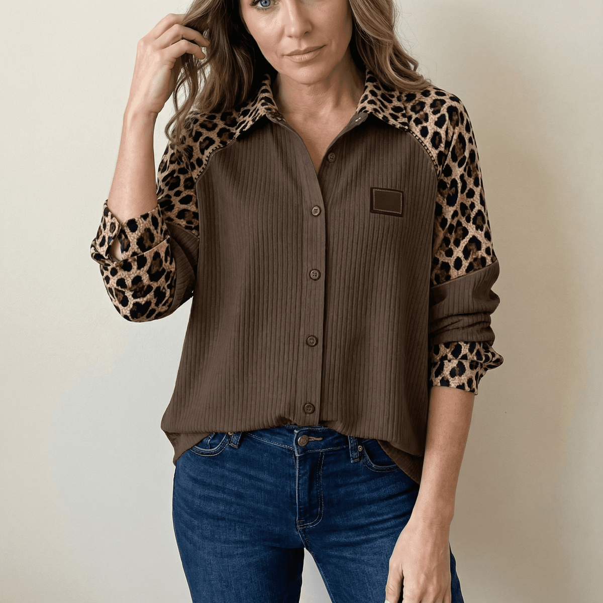 Waffle Knit Shirt with Leopard Print Contrast Sleeves