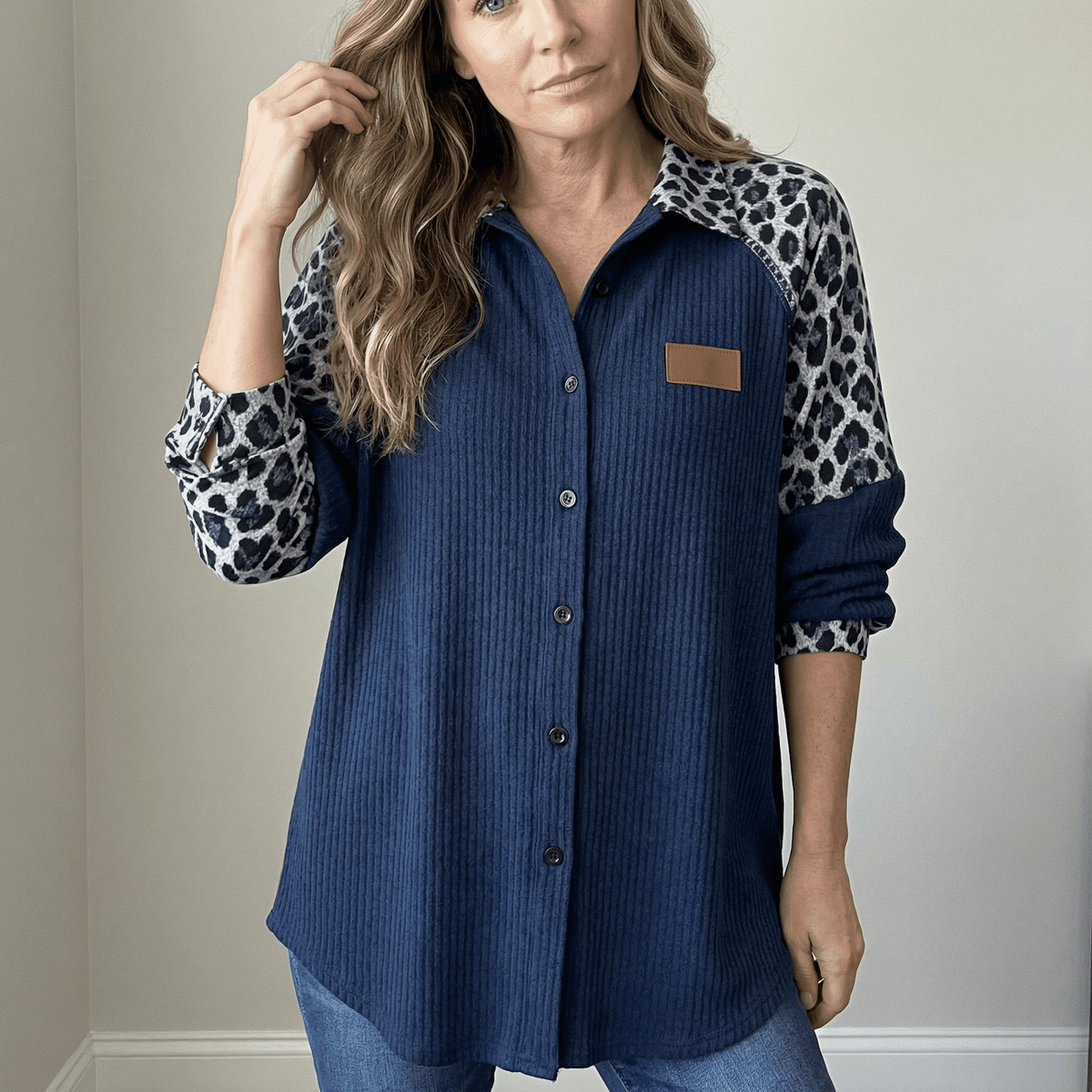 Waffle Knit Shirt with Leopard Print Contrast Sleeves