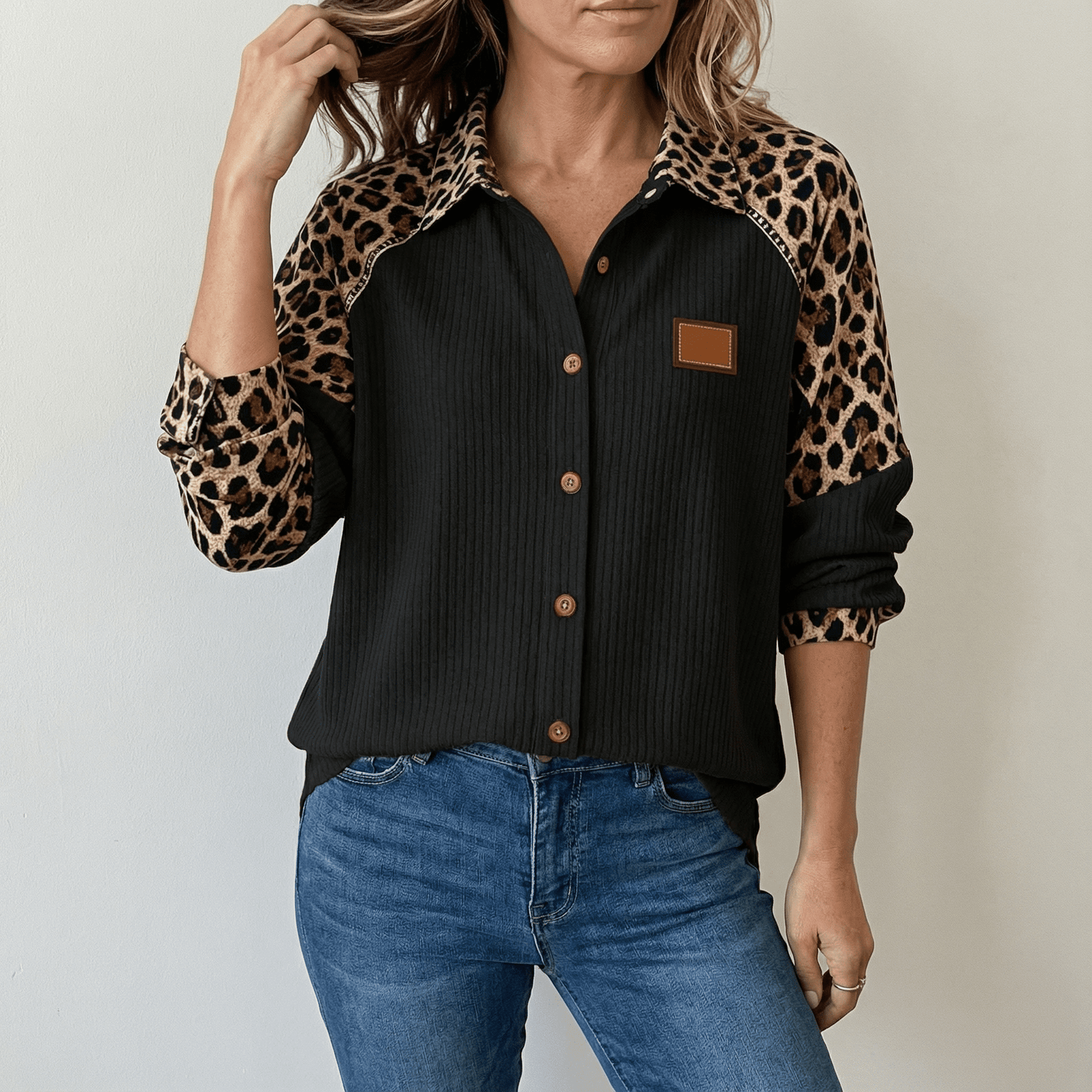 Waffle Knit Shirt with Leopard Print Contrast Sleeves