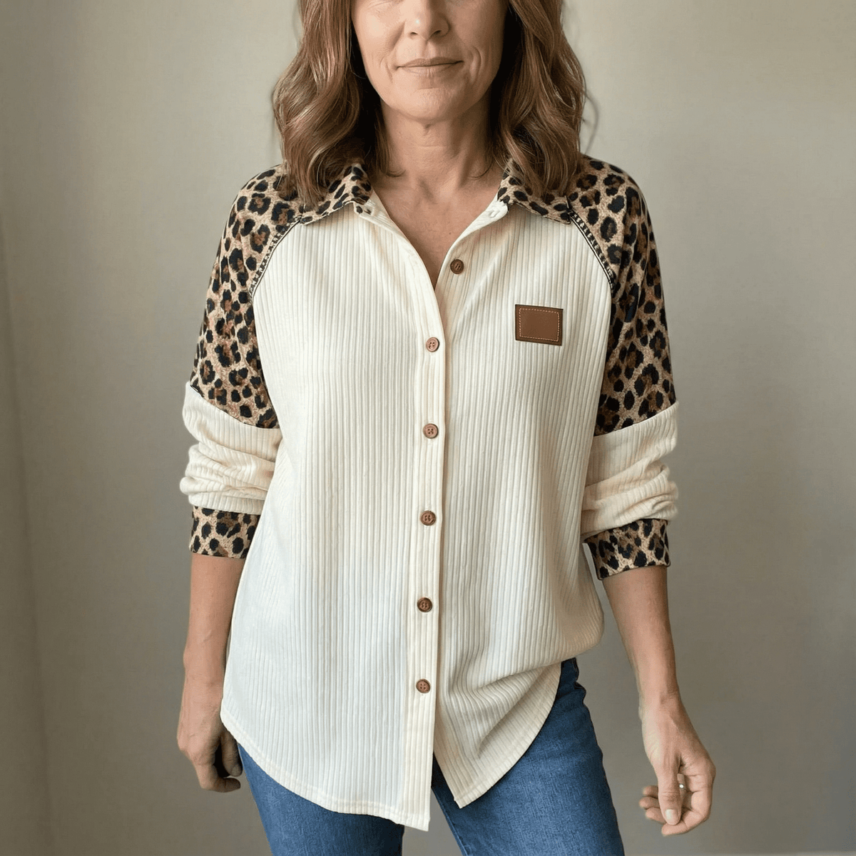 Waffle Knit Shirt with Leopard Print Contrast Sleeves