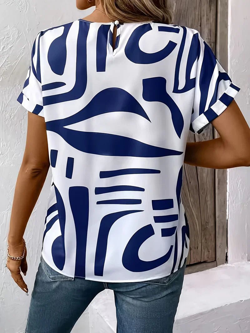 White Abstract Print Top with Round Neck and Short Sleeves