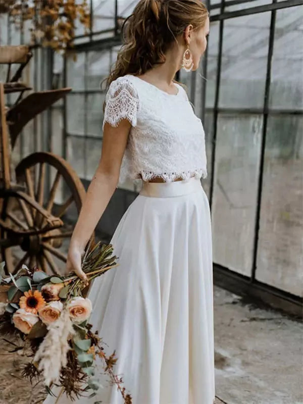 White Lace Crop Top and Maxi Skirt Bridal Set