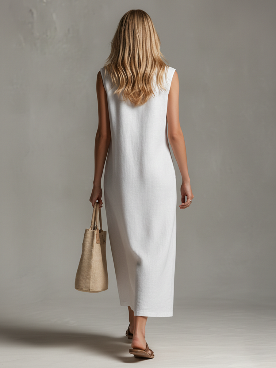 White Sleeveless Linen Midi Dress with Stand Collar and Zip Front