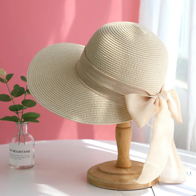 Wide Brim Straw Sun Hat with Bow Ribbon Detail