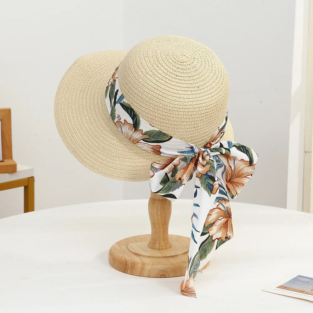 Wide Brim Straw Sun Hat with Bow Ribbon Detail
