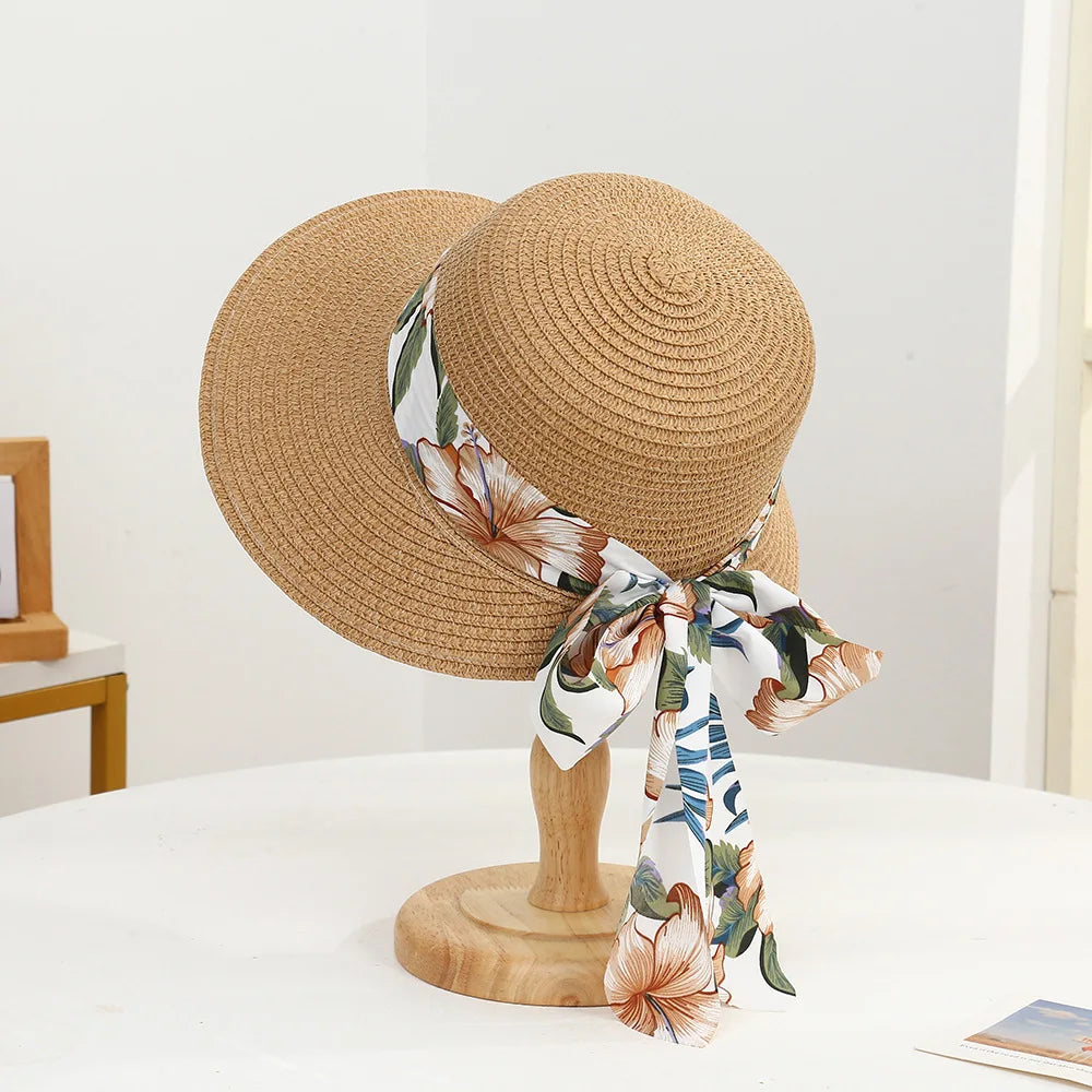 Wide Brim Straw Sun Hat with Bow Ribbon Detail
