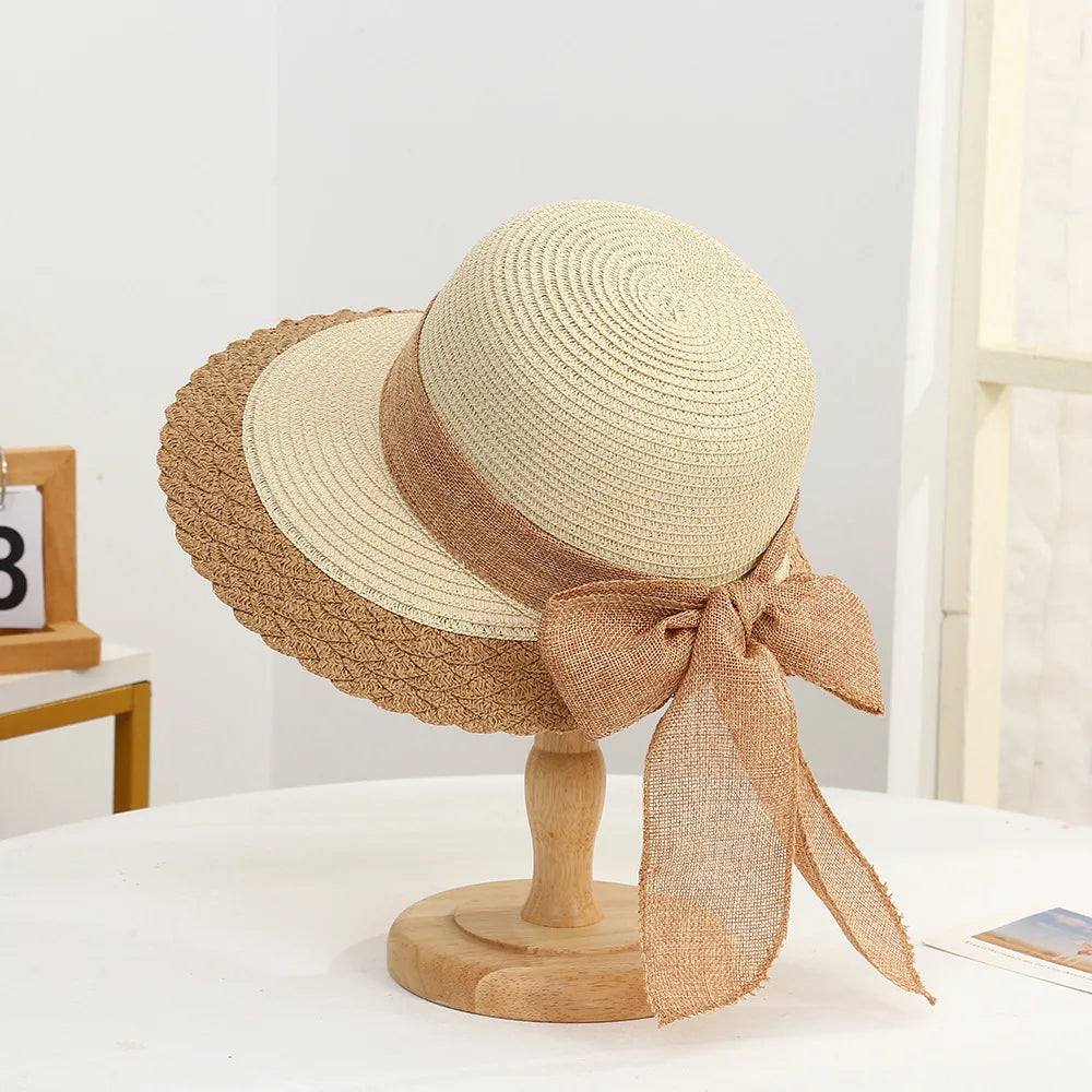 Wide Brim Straw Sun Hat with Bow Ribbon Detail