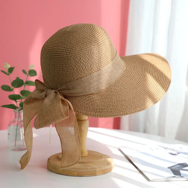 Wide Brim Straw Sun Hat with Bow Ribbon Detail