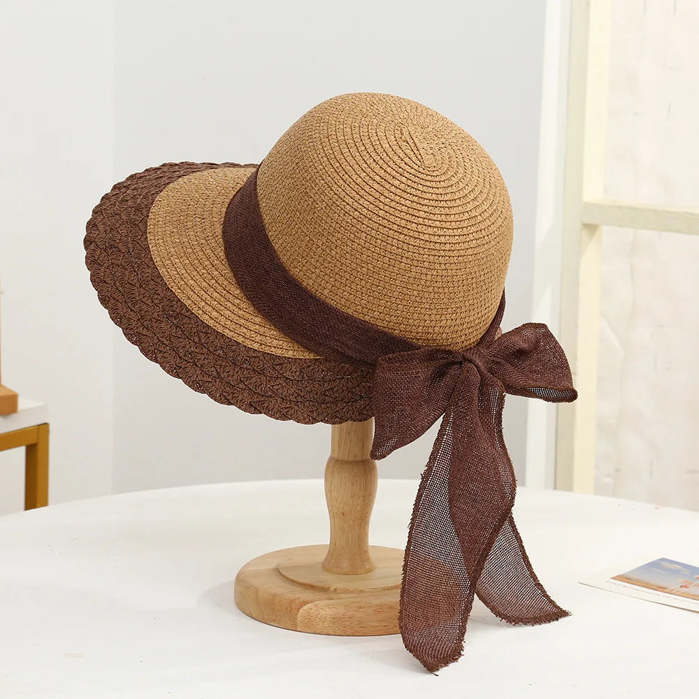 Wide Brim Straw Sun Hat with Bow Ribbon Detail