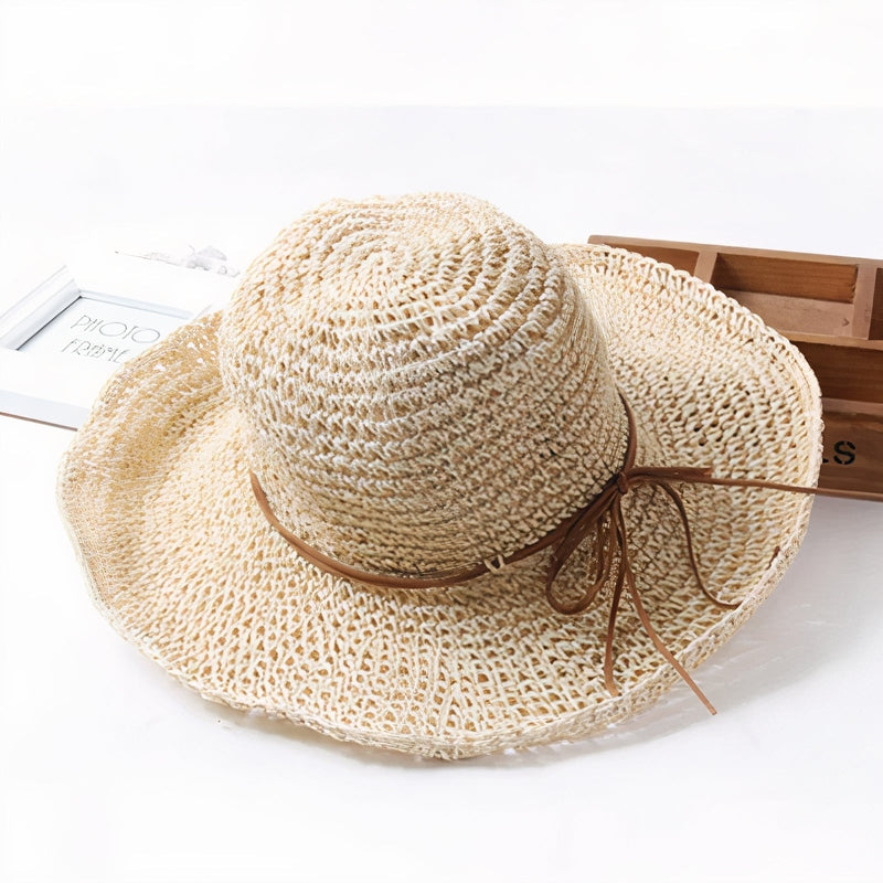 Wide Brim Straw Sun Hat with Leather Bow Detail