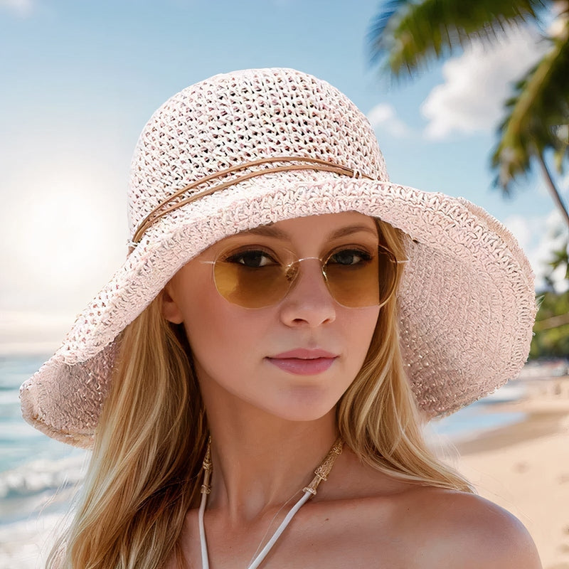 Wide Brim Straw Sun Hat with Leather Bow Detail