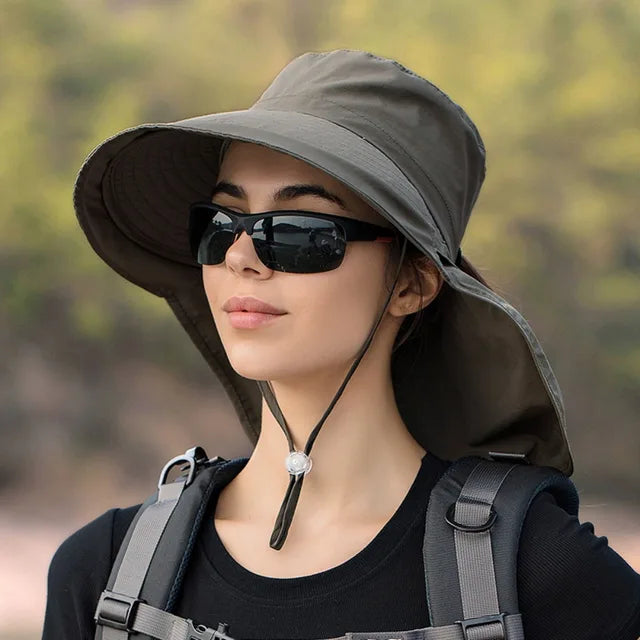 Wide Brim Sun Hat with Neck Flap and Chin Strap