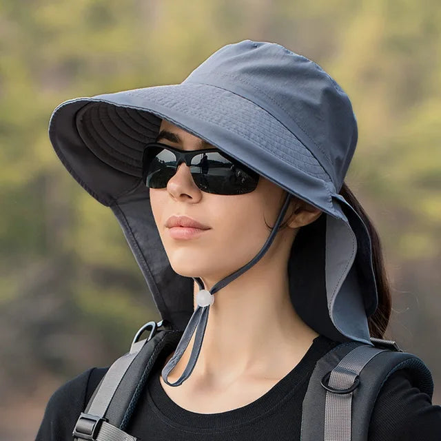 Wide Brim Sun Hat with Neck Flap and Chin Strap
