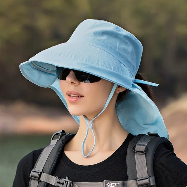 Wide Brim Sun Hat with Neck Flap and Chin Strap