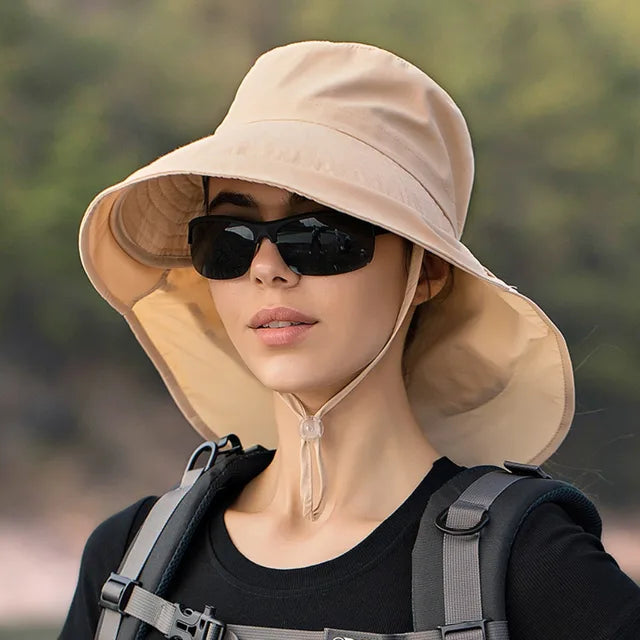 Wide Brim Sun Hat with Neck Flap and Chin Strap