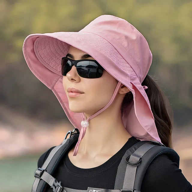 Wide Brim Sun Hat with Neck Flap and Chin Strap
